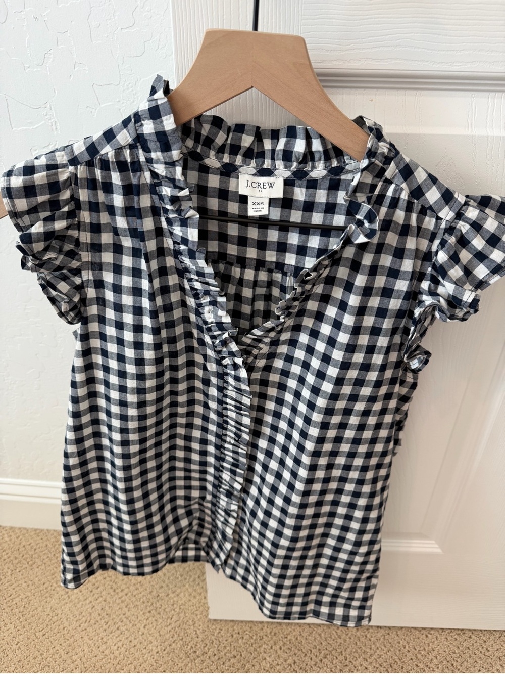 J.Crew Navy & White Gingham Ruffle Sleeve Top